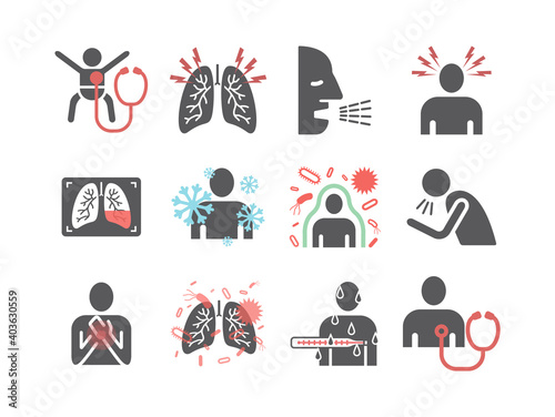 Pneumonia. Symptoms, Treatment. Flat icons set. Vector infographics.