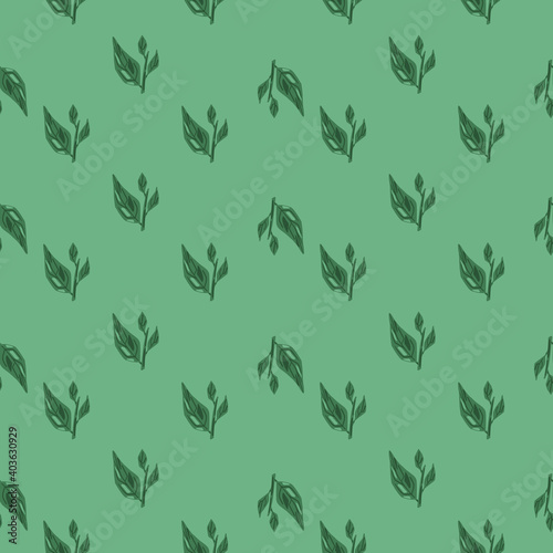 Little seamless pattern with doodle leaves branches elements. Green pastel background.