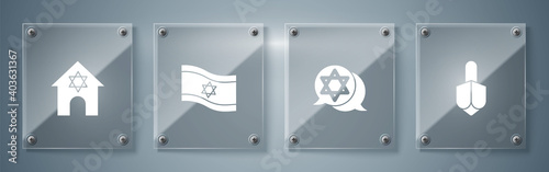 Set Hanukkah dreidel, Star of David, Flag Israel and Jewish synagogue. Square glass panels. Vector.