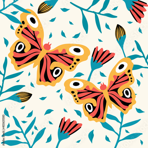 A pair of cute butterflies. A variety of insects fly near flowers. Doodle picture of soaring  colored  antennae  winged in nature. Tropical butterflies for spring or summer poster. Vector illustration