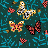 Lots of butterflies in the tropics. Colorful insects fly near the flowers. Doodle picture of soaring, colored, antennae, winged in nature. For your exotic spring or summer poster design. Vector