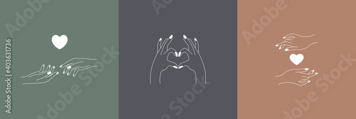 Abstract linear feminine logo design. Boho minimalhands hearts symbols for fashion beauty products. Vector illustration photo