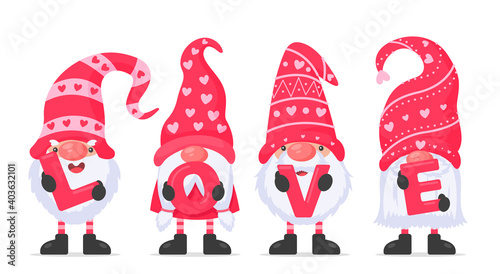 Dwarfs or gnomes hold pink hearts with "LOVE" letters for a Valentine's Day greeting card.