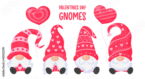 Dwarfs or gnomes hold pink heart balloons. For valentine's day greeting card