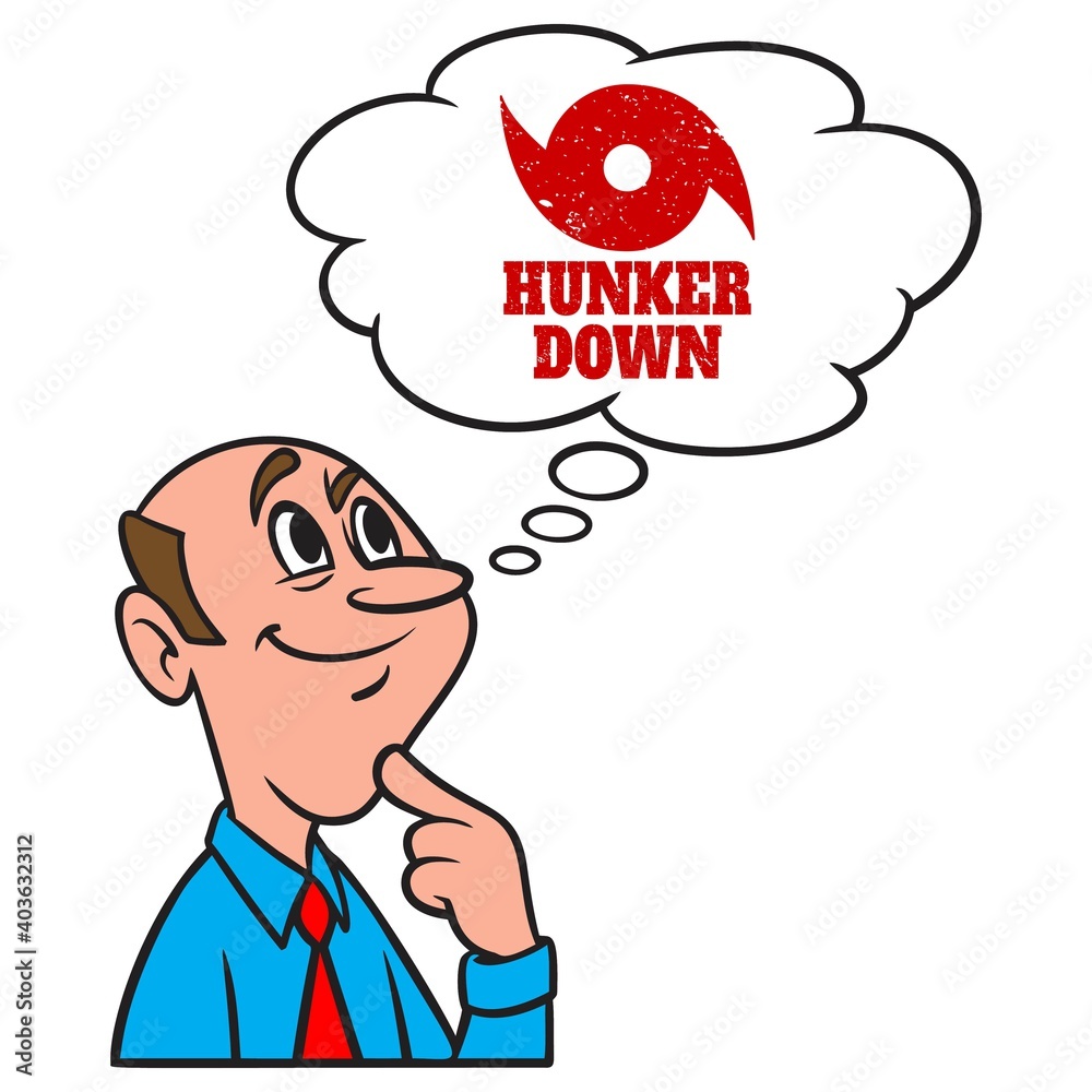 Thinking about Hunkering Down - A cartoon illustration of a man thinking about hurricane season preparation. Thinking about Hunkering Down - A cartoon illustration of a man thinking about hurricane season preparation.