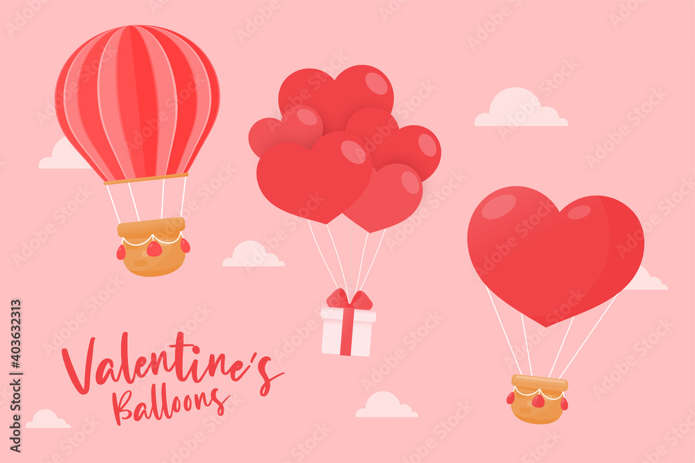 Various balloons floating in the sky Tied with gift boxes and red hearts on valentines day