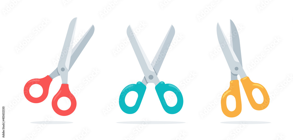 Cartoon collection scissors paper cut in various colors Isolated on white background - obrazy, fototapety, plakaty 