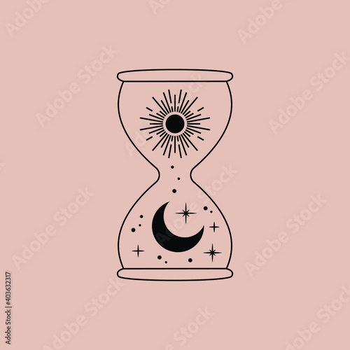 Abstract magic sandglass logo. Boho linear emblem, mystic hourglass moon sun stars, simple astrology design. Vector