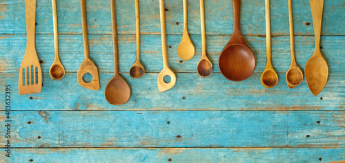 various old wooden spoons,vintage kitchen concept free copy space