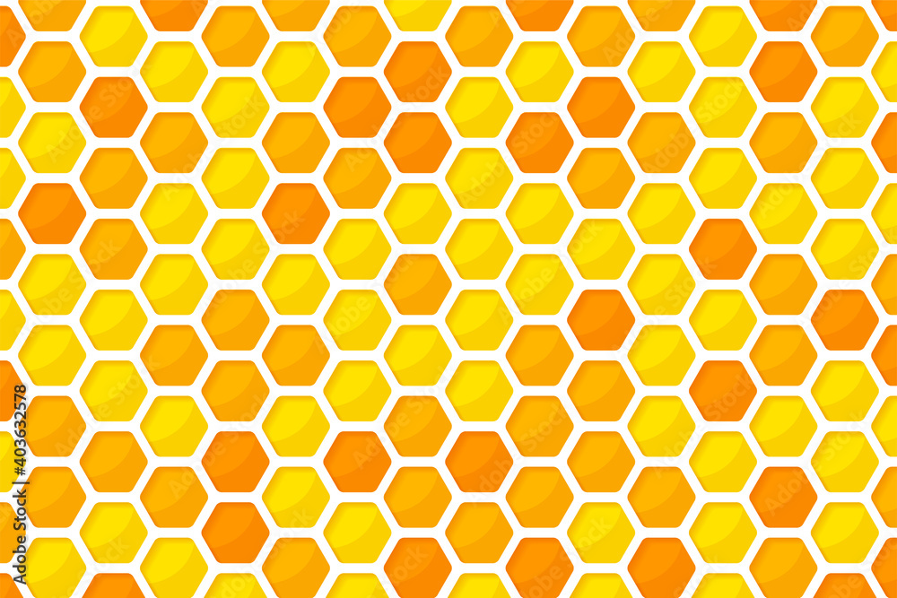 Hexagonal golden yellow honeycomb pattern paper cut background with sweet honey inside.