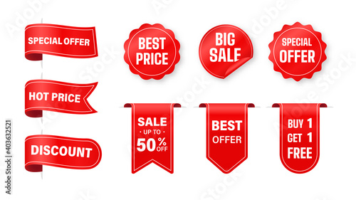 Price tag vector collection. Ribbon sale label Special offers for discounts on product prices.