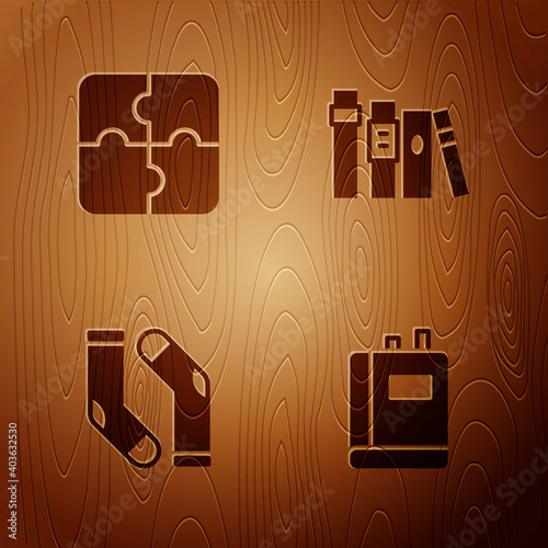 Set Book, Piece of puzzle, Socks and on wooden background. Vector.