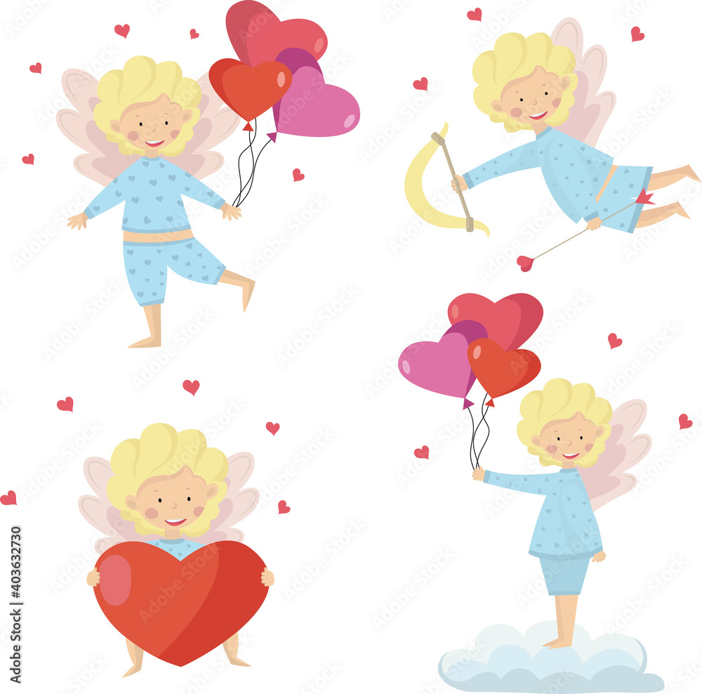 Cute baangels with wings and hearts set vector image