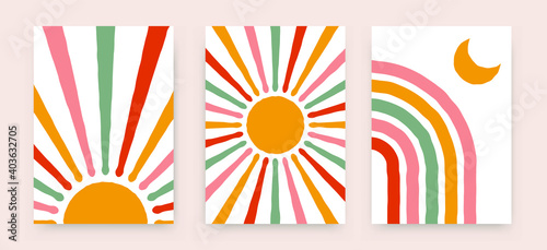 Abstract sun rainbow posters. Boho childish backgrounds, contemporary covers. Geometric vector wall decor