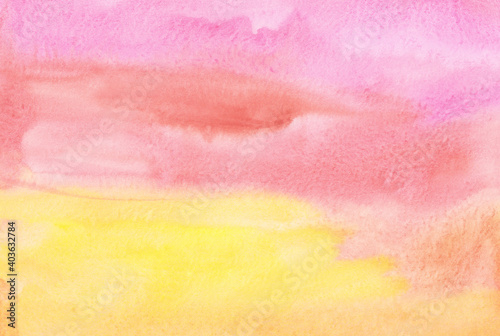 Watercolor bright pink, yellow, coral color background. Colorful soft light backdrop, stains on paper.