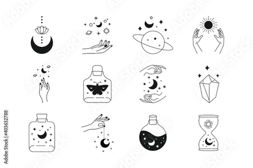 Boho doodle magic icons set. Mystic simple hand drawn logos crystal sun lotus moon, minimal fine line tattoo sketches. Abstract line vector collection