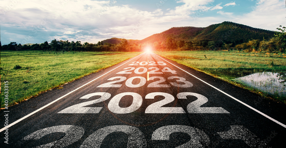 20222025 written on highway road in the middle of empty asphalt road