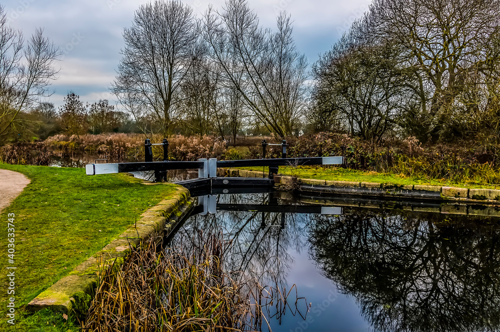Winter trees reflected in the top lock at Foxton Locks, UK late on a winters day Winter trees reflected in the top lock at Foxton Locks, UK late on a winters day