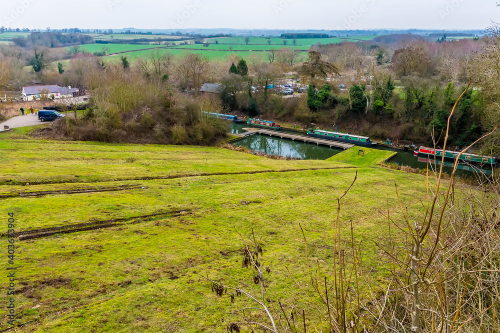 A view across the inclined plane boat lift at Foxton Locks, UK late on a winters day