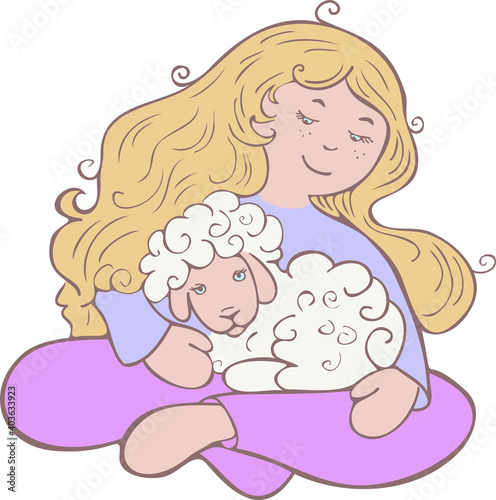 Vector illustration of a girl holding a lamb. Long hair lady with animal.