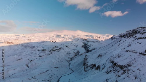 Eyjafjallajökull volcano aerial footage. Desolate Icelandic landscape in winter