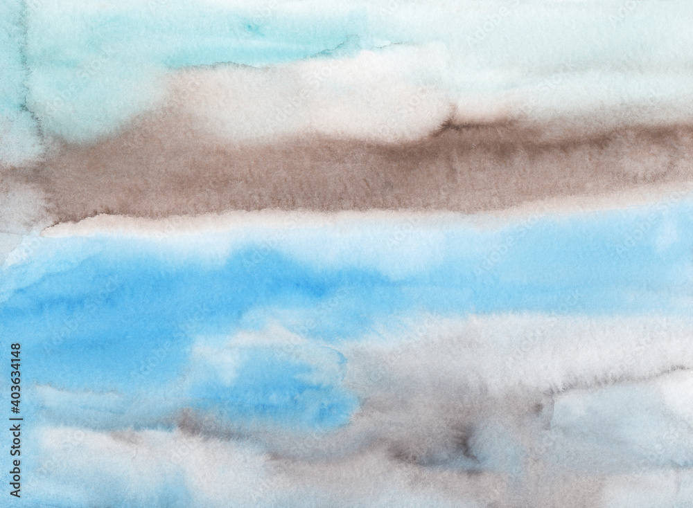 Watercolor light blue and brown background texture. Multicolored pastel liquid backdrop. Stains on paper.