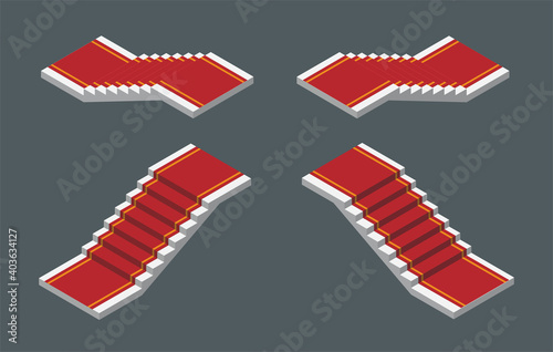 Isometric vector illustration realistic modern white staircases with red carpet isolated on dark background. Set of steps or stairs in different positions vector icons in 3d flat cartoon style.