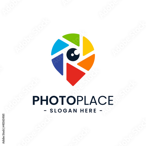 Colorful photo point logo design template. Abstract combination of camera with navigation pin icon vector. Concept of place for photography. Flat style for graphic design, logo, web, UI.