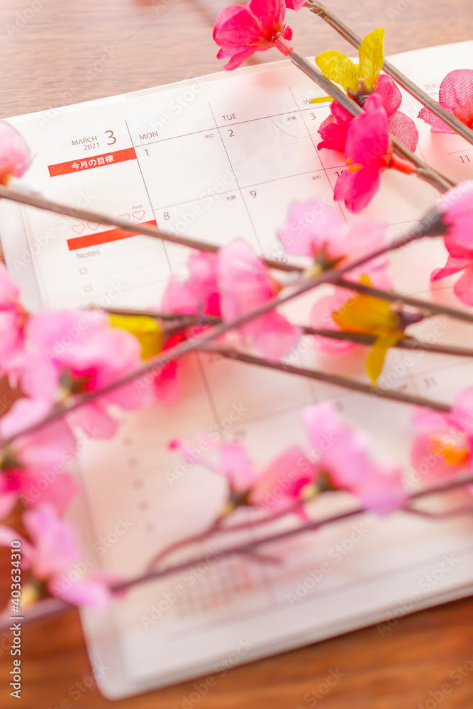 3月のスケジュール帳と梅の花 3月のスケジュール帳と梅の花