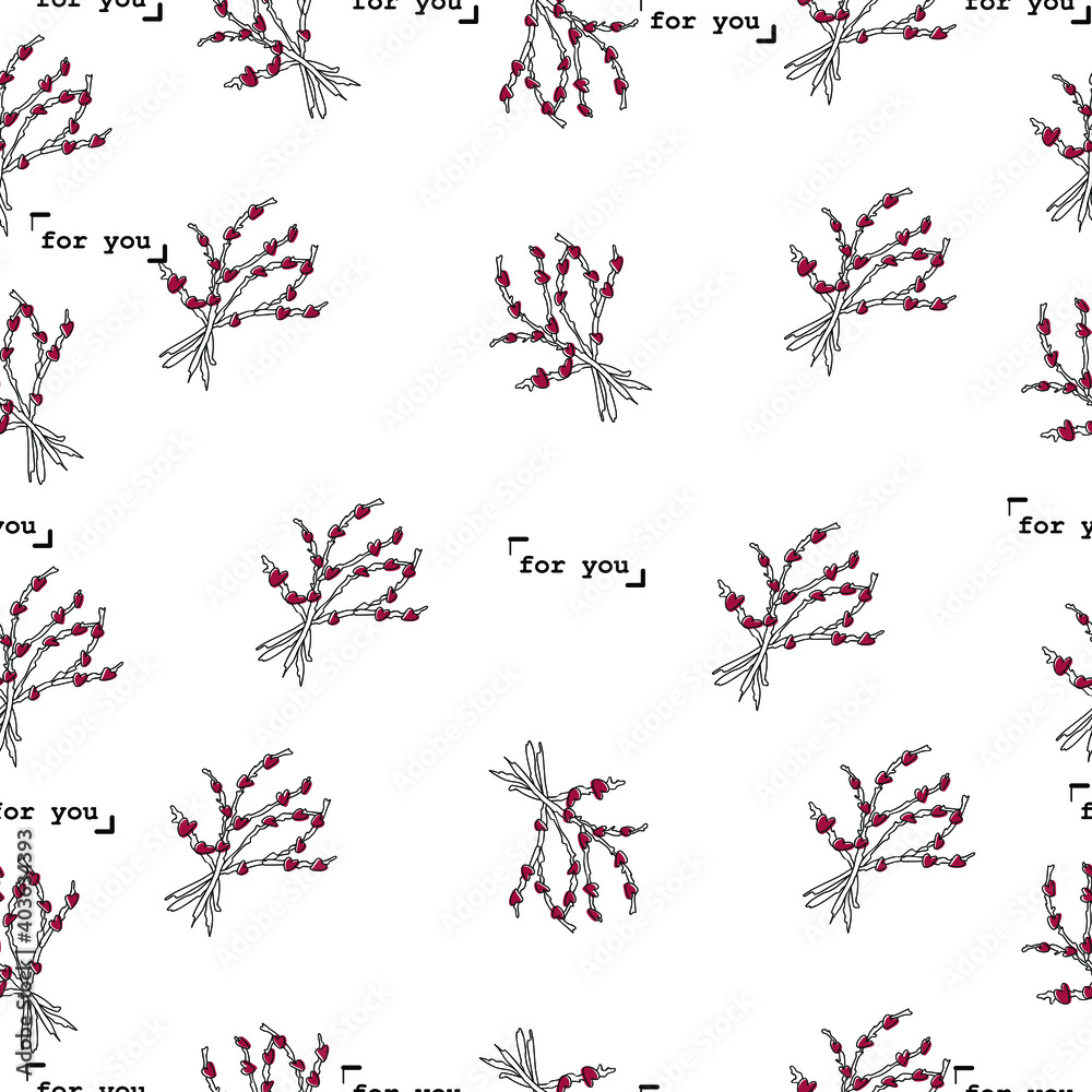 seamless pattern for valentine's day. A twig with hearts and an inscription. Vector. Background on Valentine's Day