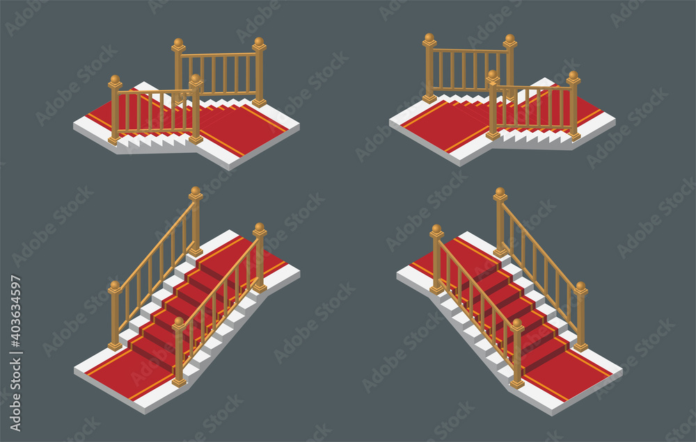 Isometric vector illustration realistic modern white staircases with red carpet isolated on dark background. Set of steps or stairs in different positions vector icons in 3d flat cartoon style.