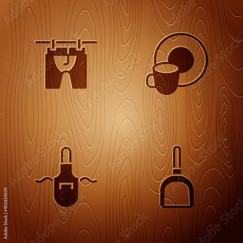 Set Dustpan, Drying clothes, Kitchen apron and Washing dishes on wooden background. Vector.