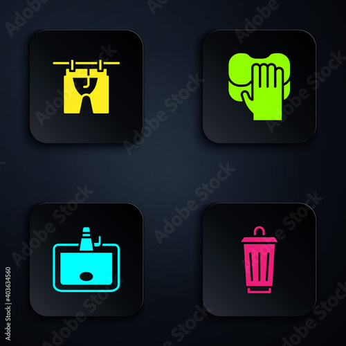 Set Trash can, Drying clothes, Washbasin and Cleaning service. Black square button. Vector.