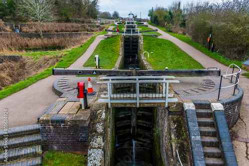 A view looking up the incline at the ten locks at Foxton Locks, UK on a winter's day photo