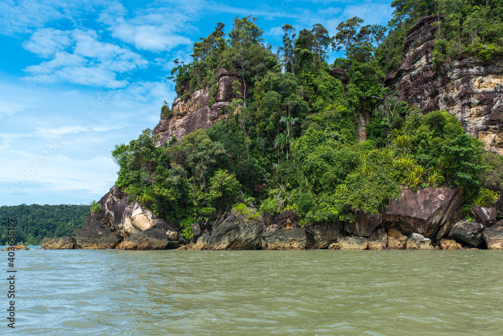 Geologically interesting sandstone rock formation at Bako National Park on Borneo. The park with its rich biodiversity and multiple biomes is also famous for his sea stack rocks