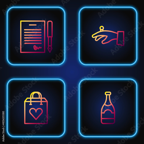Set line Champagne bottle, Shopping bag with heart, Marriage contract and Wedding rings hand. Gradient color icons. Vector.