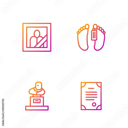 Set line Death certificate, Grave with tombstone, Mourning photo frame and Dead body. Gradient color icons. Vector.