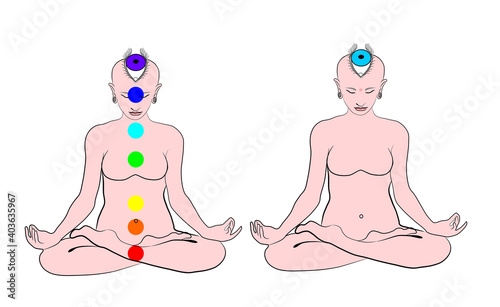Meditating girl in padmasana lotus pose with a big eye on her head and chakras points