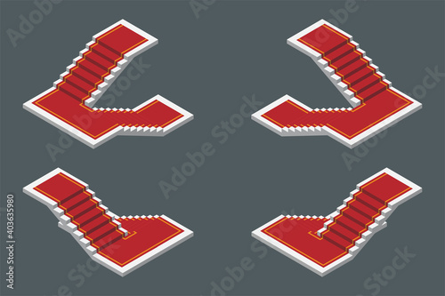 Isometric vector illustration realistic modern white staircases with red carpet isolated on dark background. Set of steps or stairs in different positions vector icons in 3d flat cartoon style.