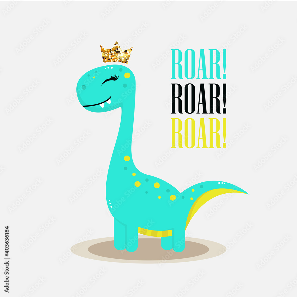 Sweet dino princess with crown. Dinosaur baby girl cute print.  Cool brachiosaurus illustration for nursery t-shirt, kids apparel, invitation.
