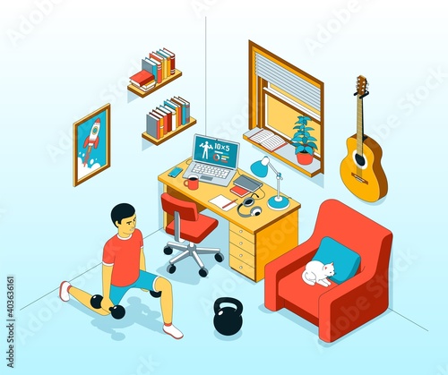 Home workout exercise - lunge with dumbbells. Home fitness in workplace room. Vector isometric illustration.