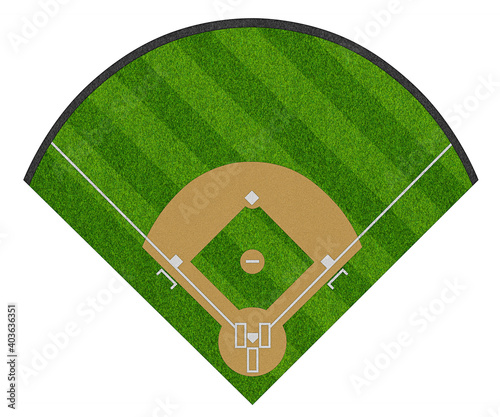 Canvastavla top view of  layout empty sport baseball field diamond shaped real green realistic grass and copy space