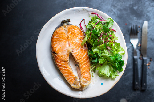 salmon seafood fried bbq fish in plate grilled omega ready to eat on the table meal snack top view copy space food background rustic image pescetarian diet