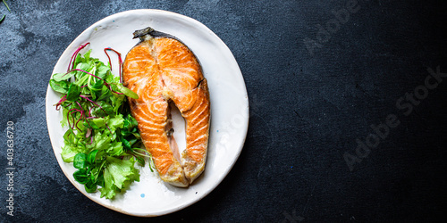 salmon seafood fried bbq fish in plate grilled omega ready to eat on the table meal snack top view copy space food background rustic image pescetarian diet