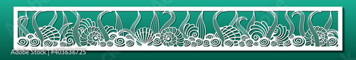 Laser cut panel with underwater design. Wall art, home decor, room divider or screen. CNC cutting stencil. Sea shells and plants pattern. Vector illustration