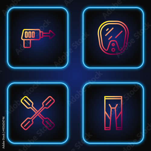 Set line Wetsuit, Paddle, Fishing harpoon and Diving mask. Gradient color icons. Vector.