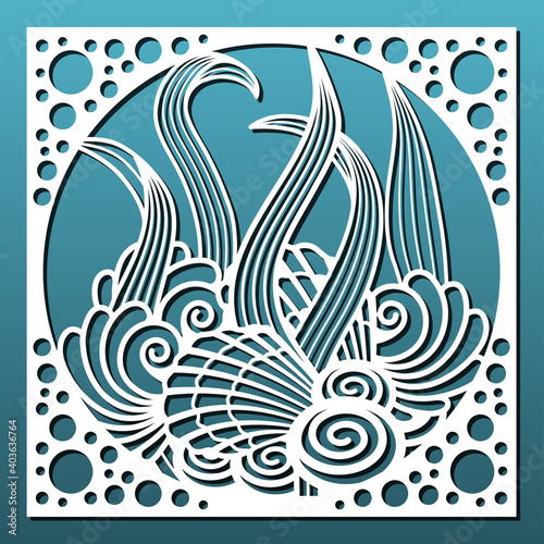 Laser cut panel with underwater design. Wall art, home decor, room divider or screen, decorative tile. CNC cutting stencil. Sea shells and plants pattern. Vector illustration