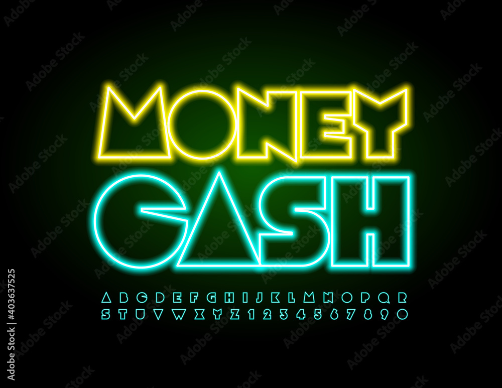 Vector creative banner Money Cash. Abstract style Font. Green Neon Alphabet Letters and Numbers set