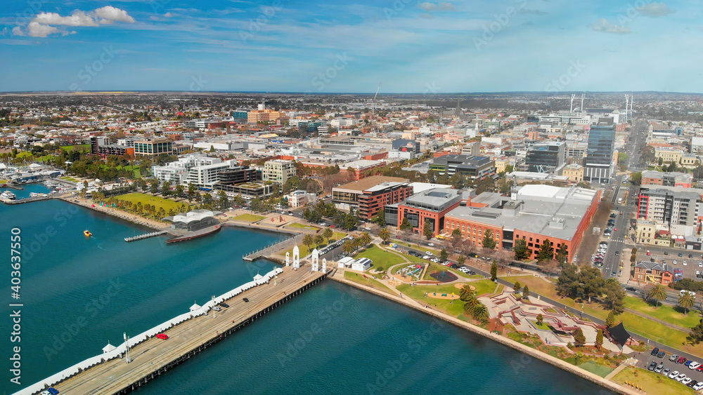 Geelong, Australia. Aerial view of city coastline from drone