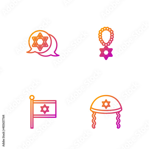 Set line Jewish kippah, Flag of Israel, Star David and necklace on chain. Gradient color icons. Vector.